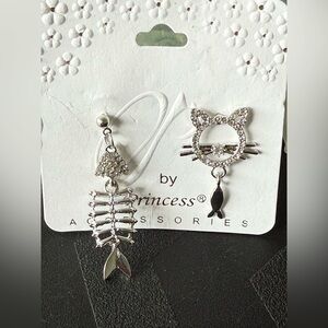 Princess Silver Cat and Fishbone Earrings
